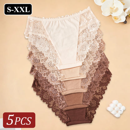 5PCS/Set Hot Selling New Cotton Women's Underwear Elegant Floral Lace Panties Breathable Solid Color Hollow Sexy Briefs Lingerie