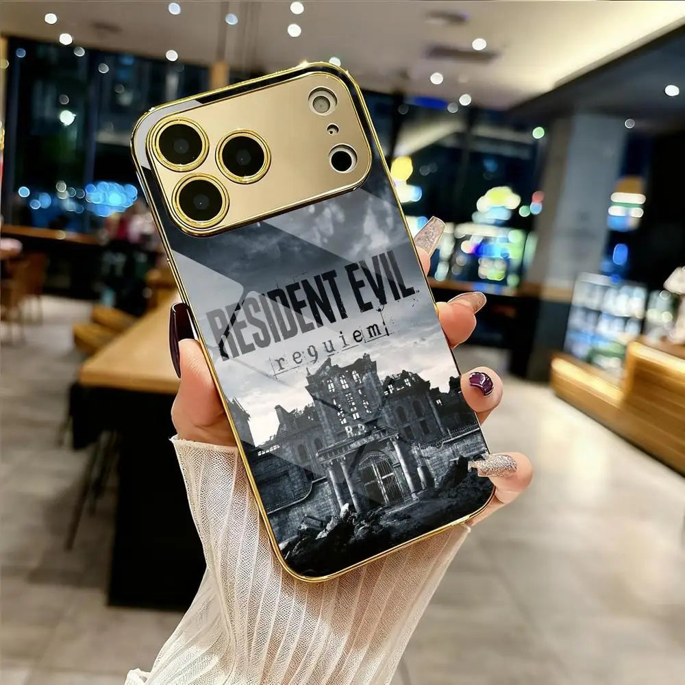 R-Resident Evil 9 Phone Case For IPhone 17 16 15 14 13 12 Pro Max Plus Electroplated Metal Bumper Case Tempered Glass Back