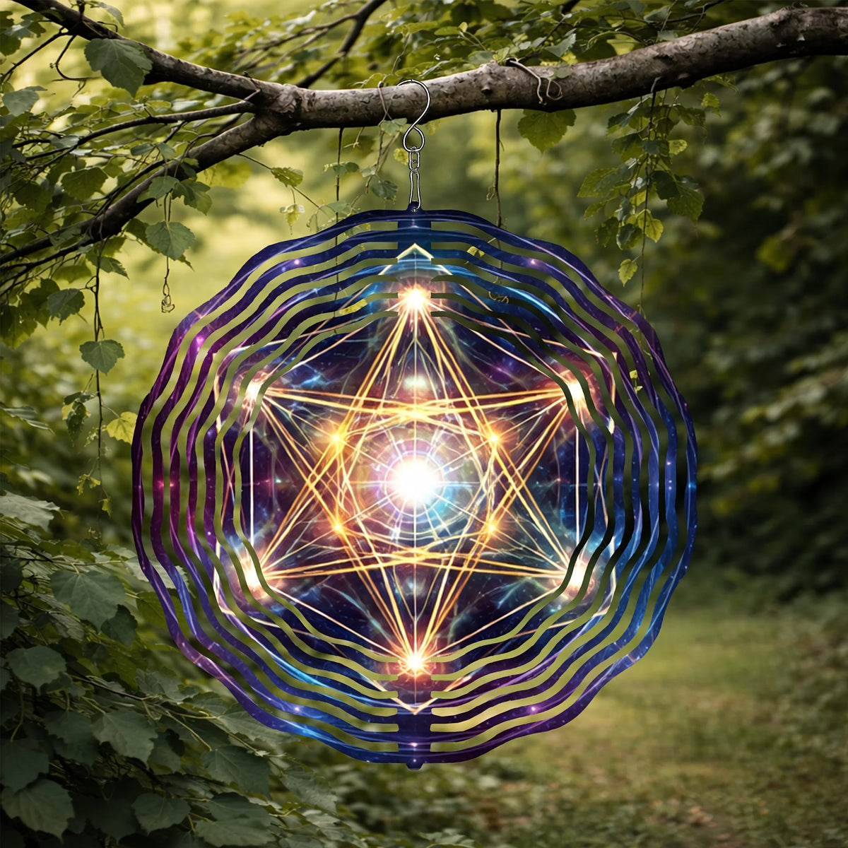 1pc Sacred Geometry Metal Wind Chime with Flower of Life & Merkaba - Iron Hanging Outdoor/ Wind- Chime, 360° Rotating Hook