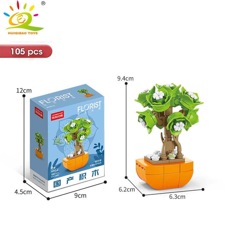 HUIQIBAO MOC Flower Succulent Potted Model Building Block DIY Eternal Bouquet Home Desk Plant Decor Brick Girl Gift Children Toy