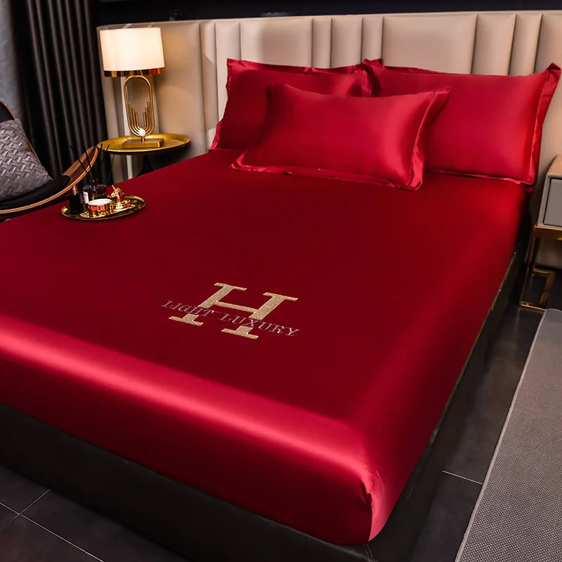 High-end Satin Fitted Sheet with Elastic Band Solid Color Silky Bed Sheet Smooth Non-Slip Mattress Cover Bedspreads Bed Linen