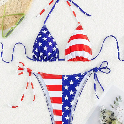American Flag Print Micro Bikini Set Adjustable Patriotic Tie-Front Halter Two-Piece Swimsuit Summer Women Sexy Swimming Clothes