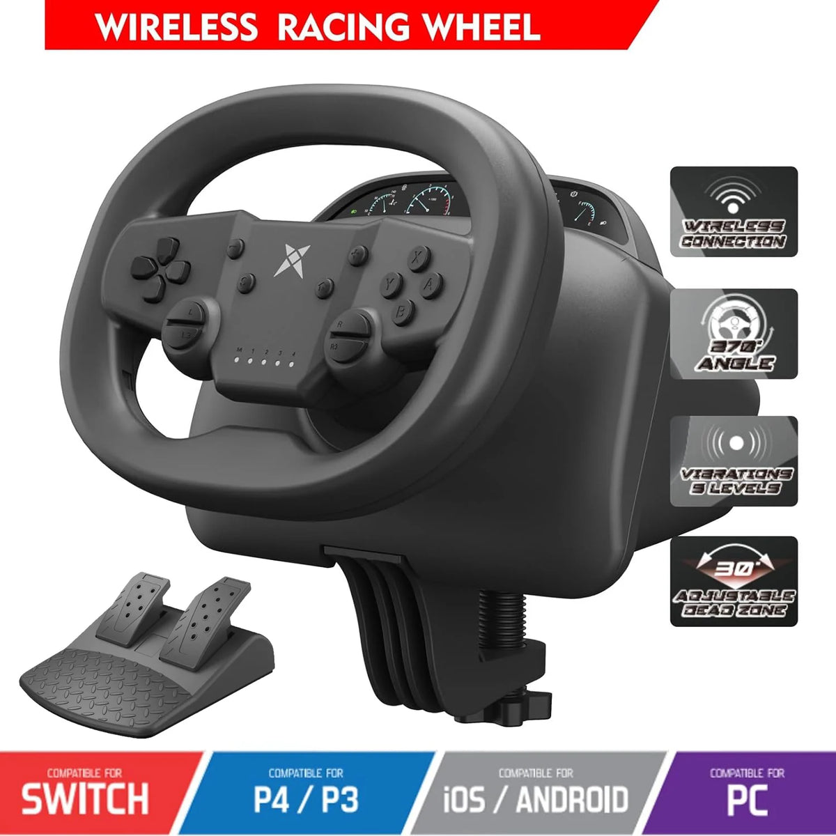 DOYO Racing Game Steering Wheel Vibration Controller Simulation Racing Pedals for Switch/PC/PS4/PS3/iOS and Android Phones