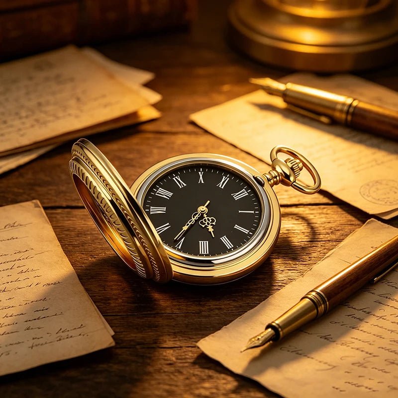 Mens Vintage Gold Pocket Watch Roman Numeral Black Dial Quartz Pocket Watch Classic Retro Pocket Watch Casual Dress Wristwatch