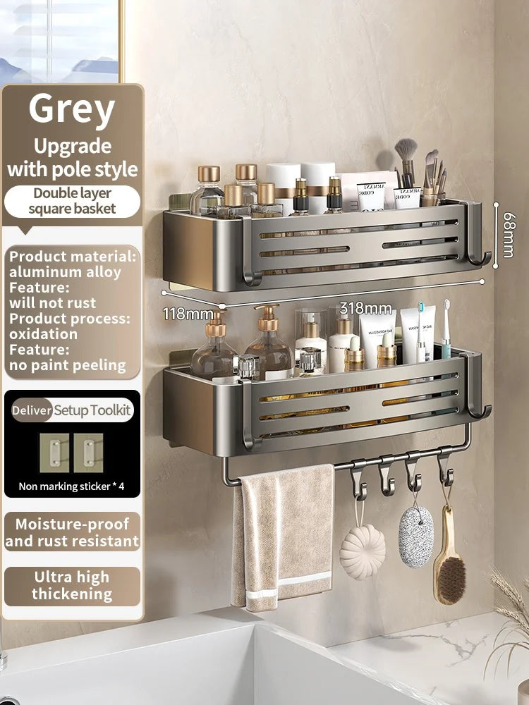No Need To Drill Wall for Installation Aluminum Bathroom Shelf Shelves Shampoo Rack Storage Holder Kitchen Organizer Wall Rack