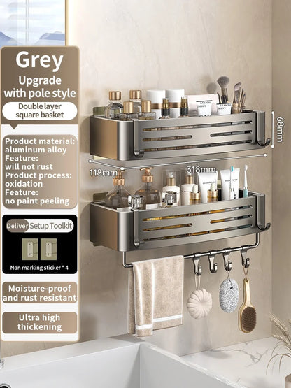 No Need To Drill Wall for Installation Aluminum Bathroom Shelf Shelves Shampoo Rack Storage Holder Kitchen Organizer Wall Rack