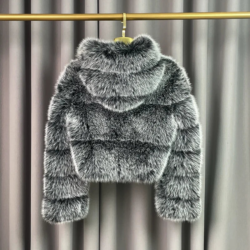 Winter Warm Ladies Fake Fox Fur Jacket Short Fashion Hooded Artificial Fox Fur Coat High Quality Women's Cropped Fur Coat Black