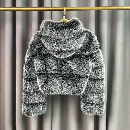 Winter Warm Ladies Fake Fox Fur Jacket Short Fashion Hooded Artificial Fox Fur Coat High Quality Women's Cropped Fur Coat Black