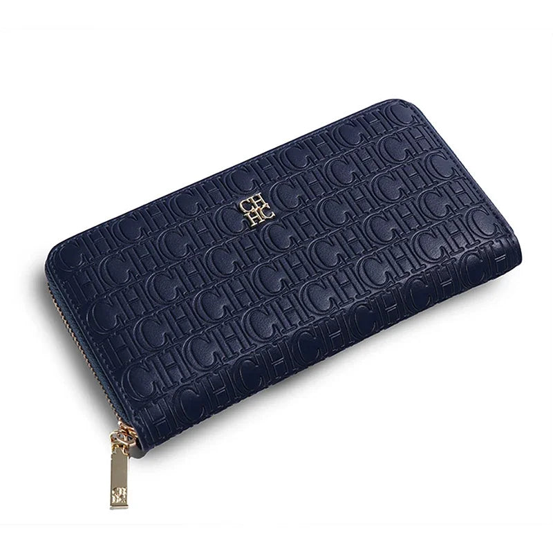 CH Elegant Embossed Zipper Wallet Brand Gold Micro Logo Multi-Card Slots Zipper Compartment Leather Clutch Wallet