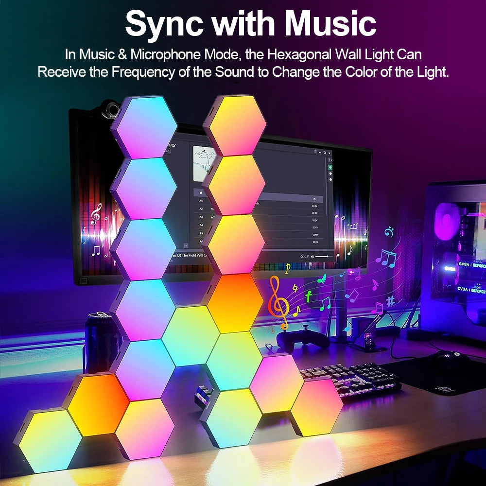 RGB Smart Hexagonal Wall Lamp Color Changing Ambient Night Light DIY Shape Music Rhythm APP For Game Room Bedroom Intelligent