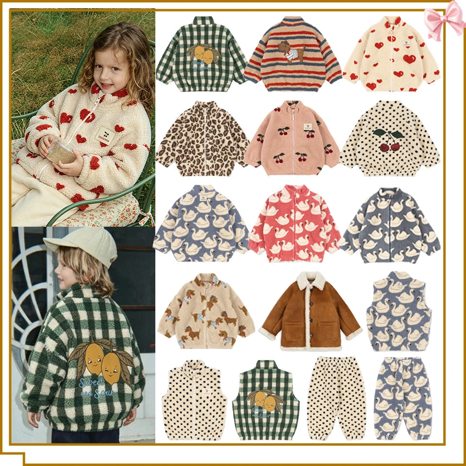 2026 KS Autumn Winter Baby Girls Boys Lambswool Jackets Boys Embroidery Cartoon Outerwear Kids Clothes Children's Coats 1-9Yrs