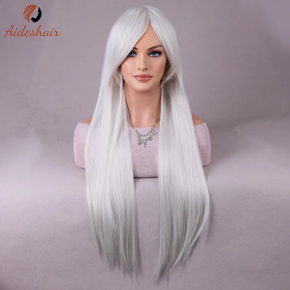 White wig with bangs Natural Length Straight wig for women Heat Resistant Fiber Synthetic wig for everyday Cosplay (28 inches)