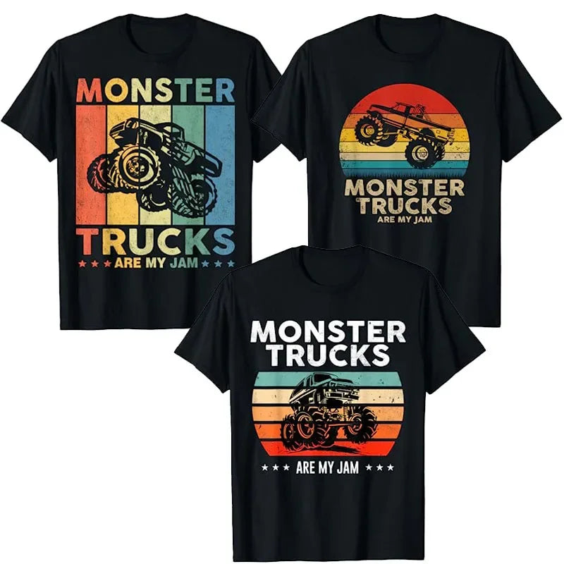 Monster Truck Are My Jam Vintage Tees Retro Sunset Cool Engines T-Shirt Monster Truck Car for Birthday Boy Sons Gifts Cute Tops