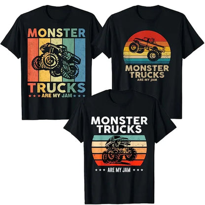Monster Truck Are My Jam Vintage Tees Retro Sunset Cool Engines T-Shirt Monster Truck Car for Birthday Boy Sons Gifts Cute Tops