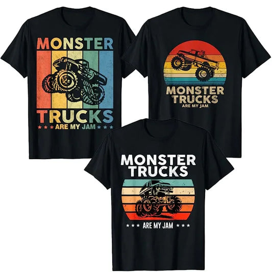 Monster Truck Are My Jam Vintage Tees Retro Sunset Cool Engines T-Shirt Monster Truck Car for Birthday Boy Sons Gifts Cute Tops