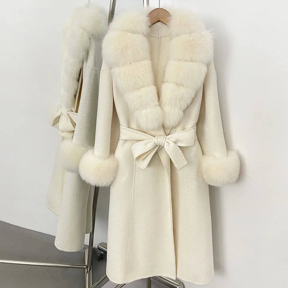 OFTBUY New Luxury Winter Clothes Outerwear Women Mid-Length 100% Wool Coat Real Fox Fur Collar Belted Wrap Woolen Jacket Female