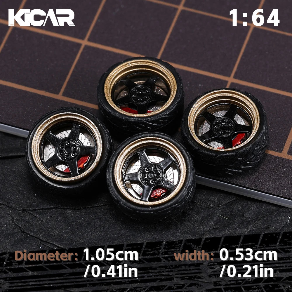 Kicarmod 1/64 10.5mm Alloy Model Wheels with Magnetic Hub Caps-with Rubber Tires for Tomica Custom Diecast Cars