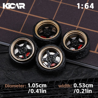 Kicarmod 1/64 10.5mm Alloy Model Wheels with Magnetic Hub Caps-with Rubber Tires for Tomica Custom Diecast Cars