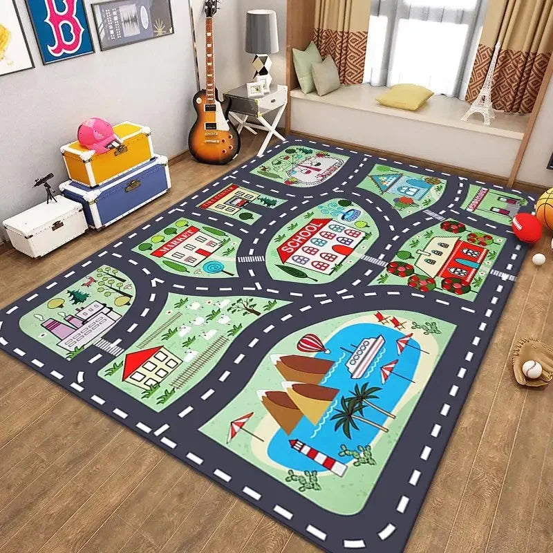 VIKAMA Car Rug Play Mat Road Rug Kid Play Mat Playroom Toy Car Mat Kids Carpet City Map for Bedroom Classroom Home Decor