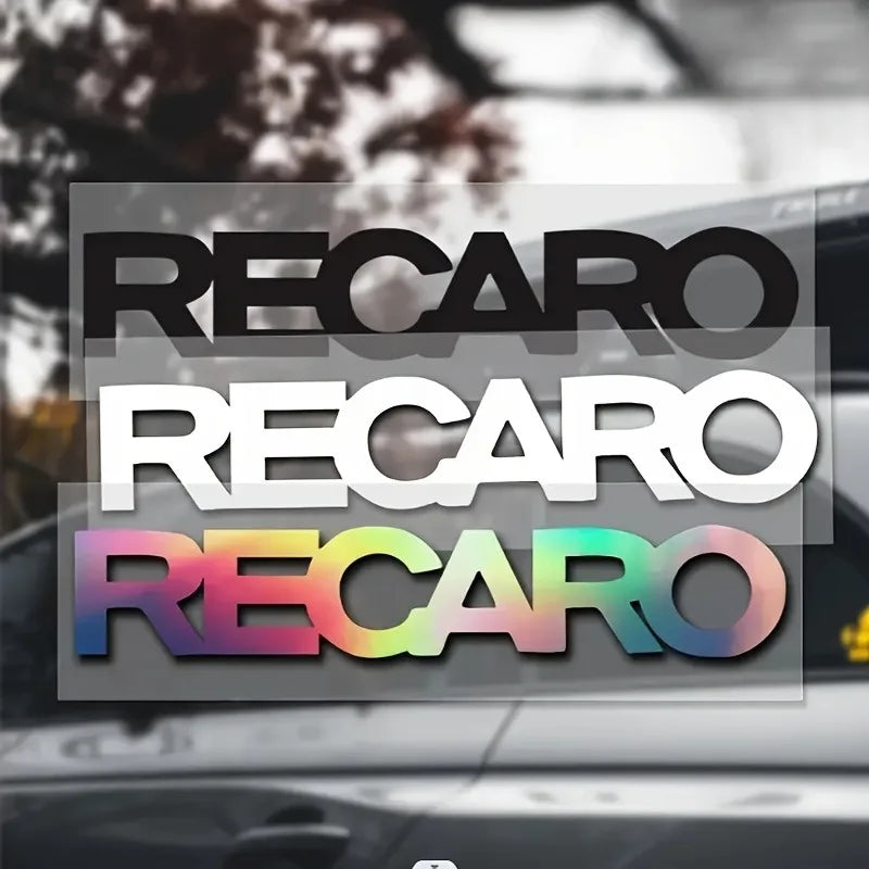 Colorful Recaro vinyl decals showcasing brand logo on a vehicle, emphasizing car styling and customization.