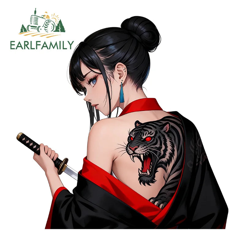 EARLFAMILY Tattooed Geisha Motorcycle Stickers Character Campervan Rear Windshield Decal Simple Practical Sunscreen DIY Car Body