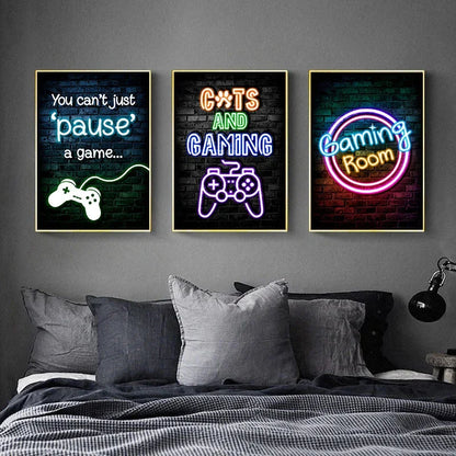 Gaming Neon Eat Sleep Game Repeat  Canvas Posters Gamer Room Decor Canvas Print Art for Home Esports Bedroom Decor Gift Painting
