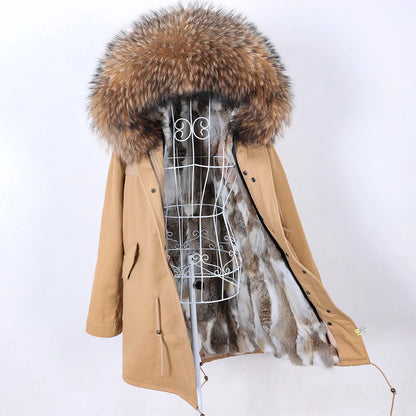 2026 Maomaokong Women's Winter Coats Rabbit Lining Jacket Natural Real Raccoon Fur Collar Parka Fox Fur Long Female Clothing