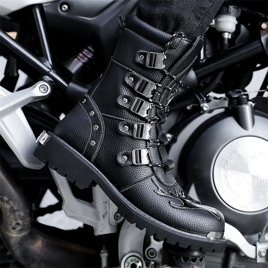 High Quality Men's Boots Fashion Punk Rock Style Motorcycle Boots Luxury Mid-Calf Leather Boot Mens Knight Boots Botas Masculino