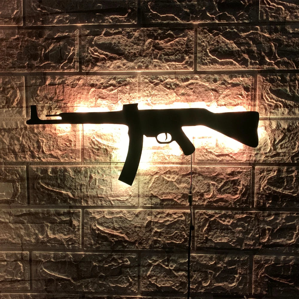 ZK30 creative luminous gun model wall hanging LED wall light wooden board indoor bar decoration USB night light cable 2 meters