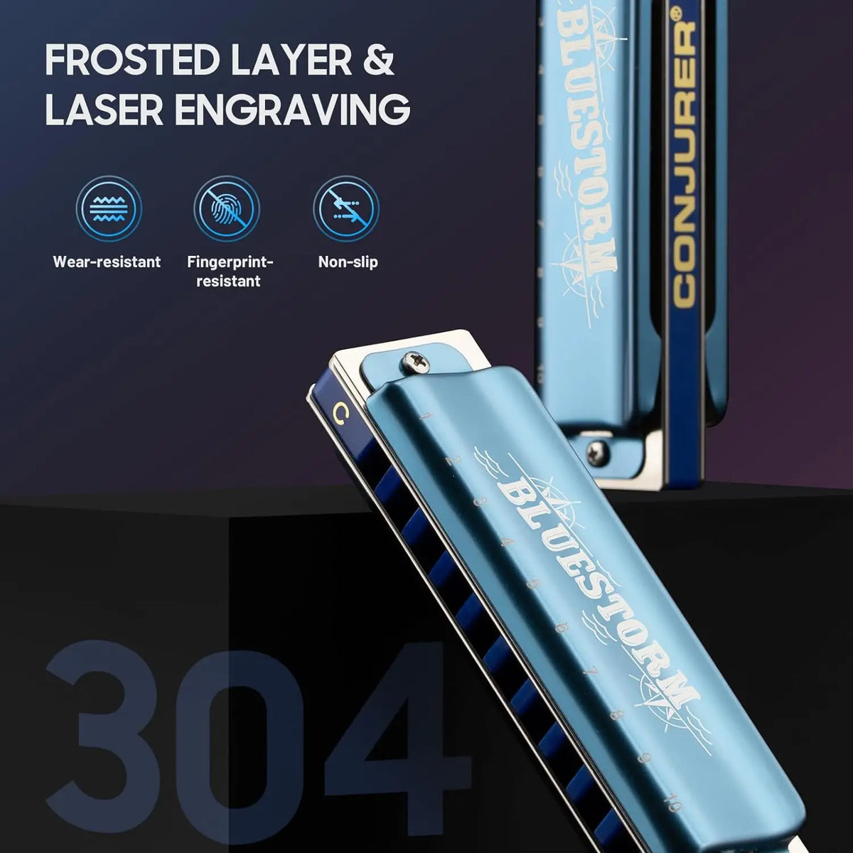 CONJURER 10 Holes Diatonic Harmonica WH1005BS BLUESTORM in 12 Keys for Professionals, Adults, Beginners and Gifts