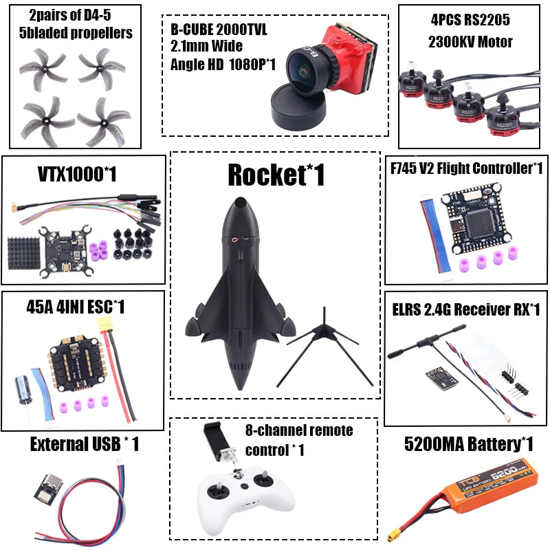 B-CUBE Rocket 5inch FPV Drone Frame Kit Carbon Fiber Racing Drone Quadcopter Freestyle INAV Beatflight F722 Ardupilot Flight