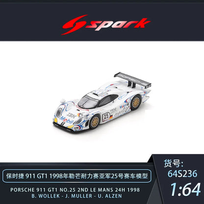 SPARK 1:64 911 GT1 Le Mans 1998 #25 #26 Die‑cast Alloy Model With Display Base