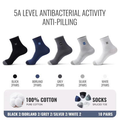 MiiOW 100% Pure Cotton Socks Men Business Dress Sock Anti Odor Crew Socks Antibacterial Breathable Sports Long Sock Black White