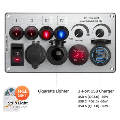 Toggle Switch Multi-Functions Aluminum Panel LED Dimmer Switch 12V 24V for RV Dual Port USB QC3.0  Cigarette Lighter
