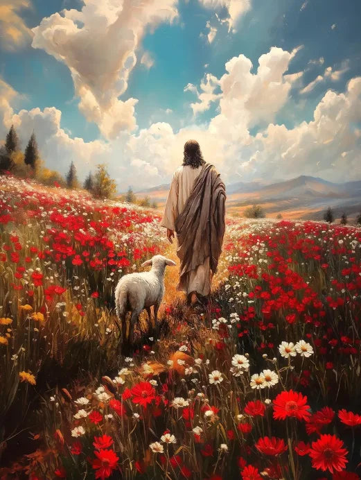 Graffiti Christian Jesus With Child Art Posters Christian Faith Jesus Walking In Flower Field Canvas Painting Bedroom Home Decor