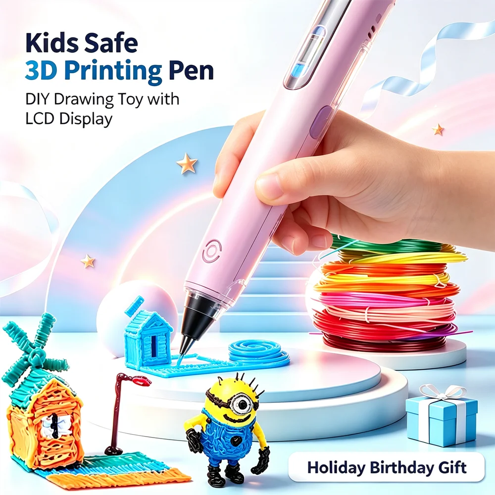 3D Printing Pen for Kids Safe Design LCD Display, DIY Drawing, Holiday Birthday Gift, ABS PLA Educational Intellectual Toy