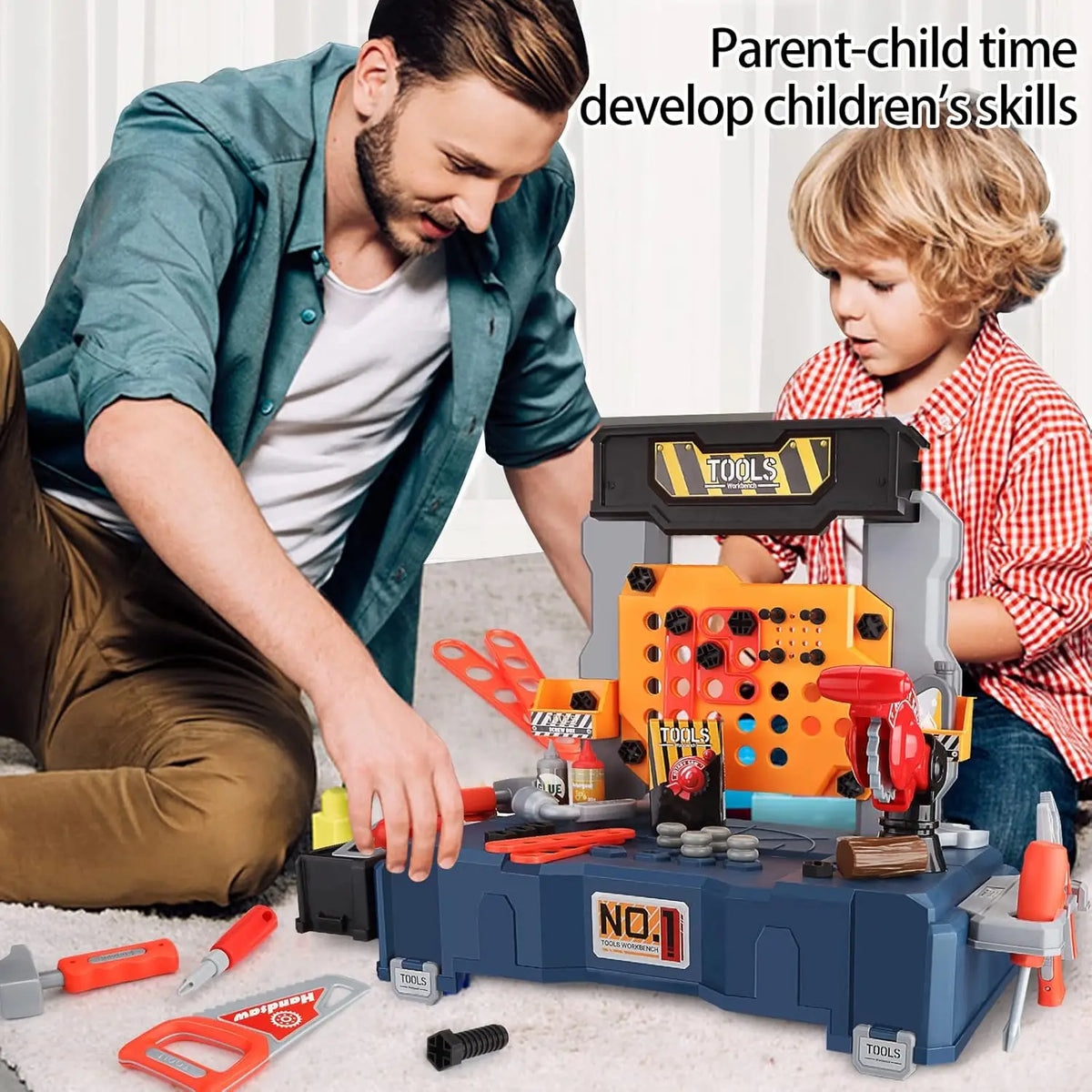 Large 2-in-1 Kids Tool Bench Set with Saw Screw Miter Pretend Play Construction Workbench Toys Education Toy for Boys & Girls