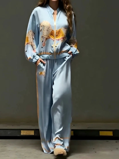 Women's Animal Print Two Piece Set Zip Up Long Sleeve Top High Waist Striped Wide Leg Pants Casual Autumn Ladies Tracksuit Set