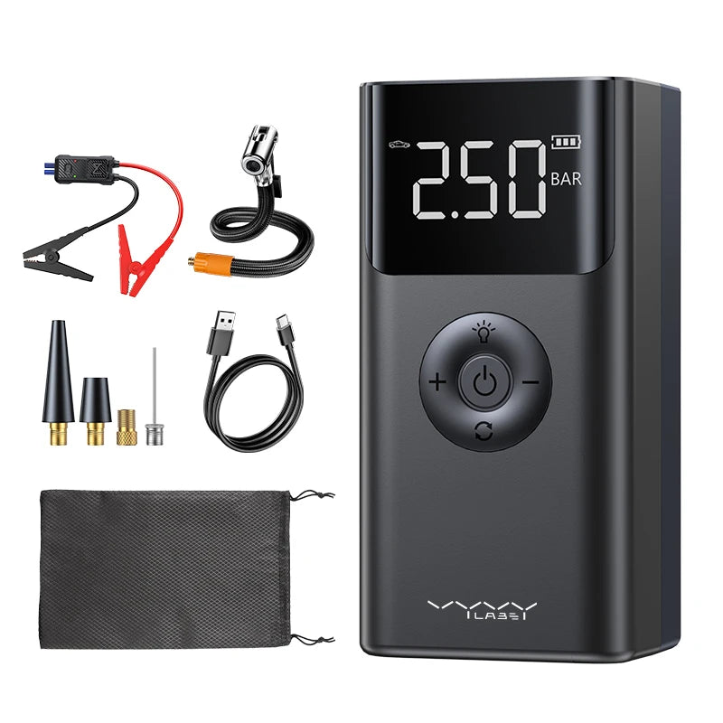 Vyvylabs 12V Car Jump Starter with Air Compressor 600A Peak 150PSI Tire Inflator Power Bank LED Lights Portable Battery Booster