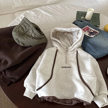 2025 Autumn Winter Children Velvet Sweatshirt Toddler Hooded Tops Kids Clothes Boys Girls Casual Pullover Letter Hoodies