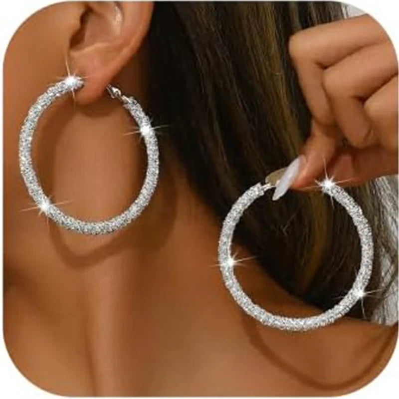 6cm Bling Rhinestone Big Hoop Earrings for Women Simple Cubic Zirconia  Pave Circle Huggie Earring Aesthetic Party Jewelry