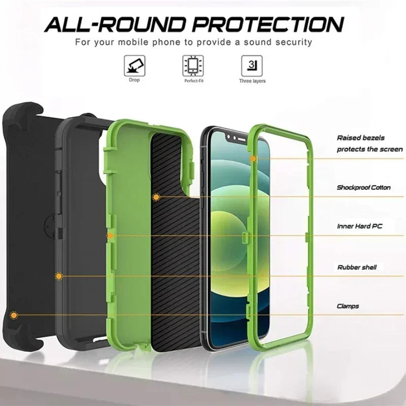 3 in 1 Military Armor Shockproof Phone Case For iPhone 17 18 Pro Max 17Air 16 15 14 13 Pro Max Otter Case Box Belt Clip Cover