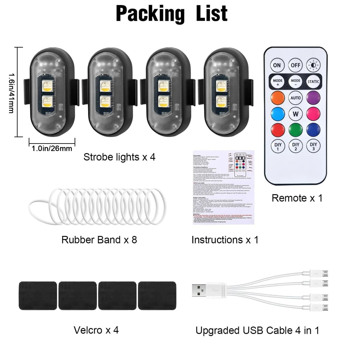 Wireless LED Strobe Lights with Remote Control, 8 Colors Rechargeable Anti-Collision LED Warning Lights for Car Motorcycle Bike