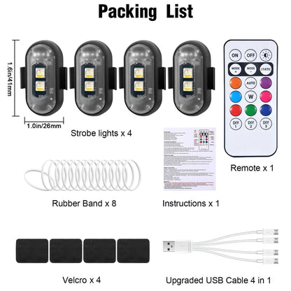 Wireless LED Strobe Lights with Remote Control, 8 Colors Rechargeable Anti-Collision LED Warning Lights for Car Motorcycle Bike
