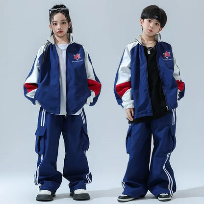 Kid Cool Hip Hop Clothing Navy Blue Zip Up Windbreaker Jacket Coat Top Casual Wide Pants for Girl Boy Jazz Dance Costume Clothes