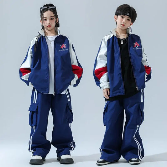 Kid Cool Hip Hop Clothing Navy Blue Zip Up Windbreaker Jacket Coat Top Casual Wide Pants for Girl Boy Jazz Dance Costume Clothes