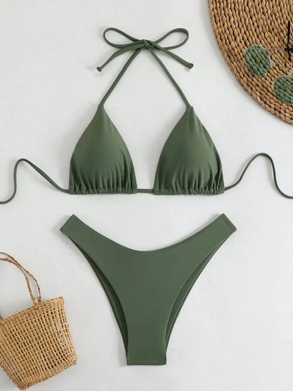 Sexy Solid Halter Lace Up Low Waist Bikini Set Women's 2 Pieces Swimsuit Triangle Thong Swimwear Bathing Suit Brazilian Biquini