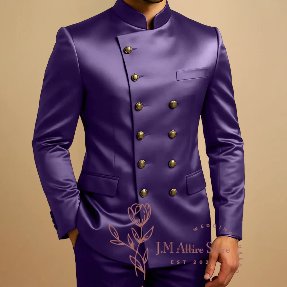 Green Suits for Men 2 Piece Satin Sets Double Breasted Blazer Pants Tailored Wedding Party Travel Africa Traditional Clothes