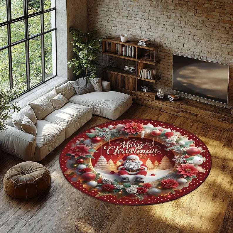 Christmas Santa 3D Round Rug Printed Illusion Carpet Holiday Decoration Xmas Tree Living Room Santa Xmas Decor Xmas Holiday Rug