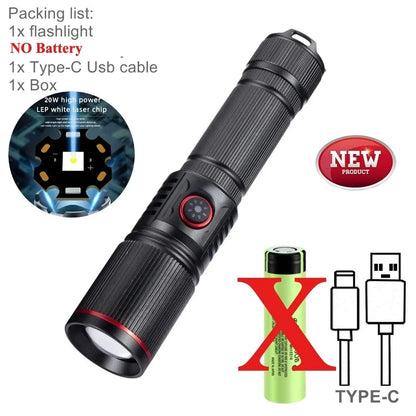 Portable Powerful White Laser LED Flashlight Tactical Zoom Torch USB Rechargeable 18650 Battery Camping Fishing Lantern